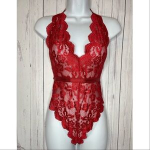 RSLOVE Women’s Size Medium Cherry Red Lace Teddy Lingerie Halter Bodysuit